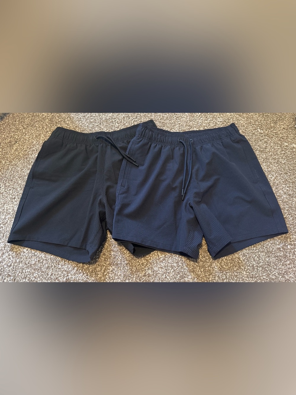 Men's Navy and Black Seersucker bathing suits.